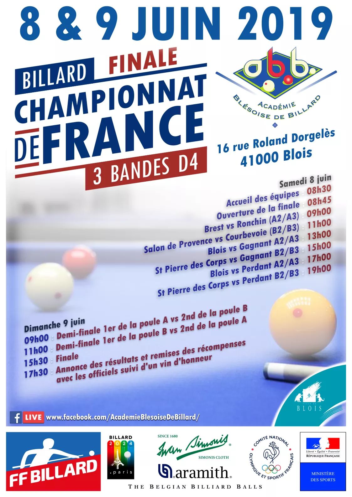FFB 3 Bandes D4 Finale de France des 8 et 9 juin 2019 Blois