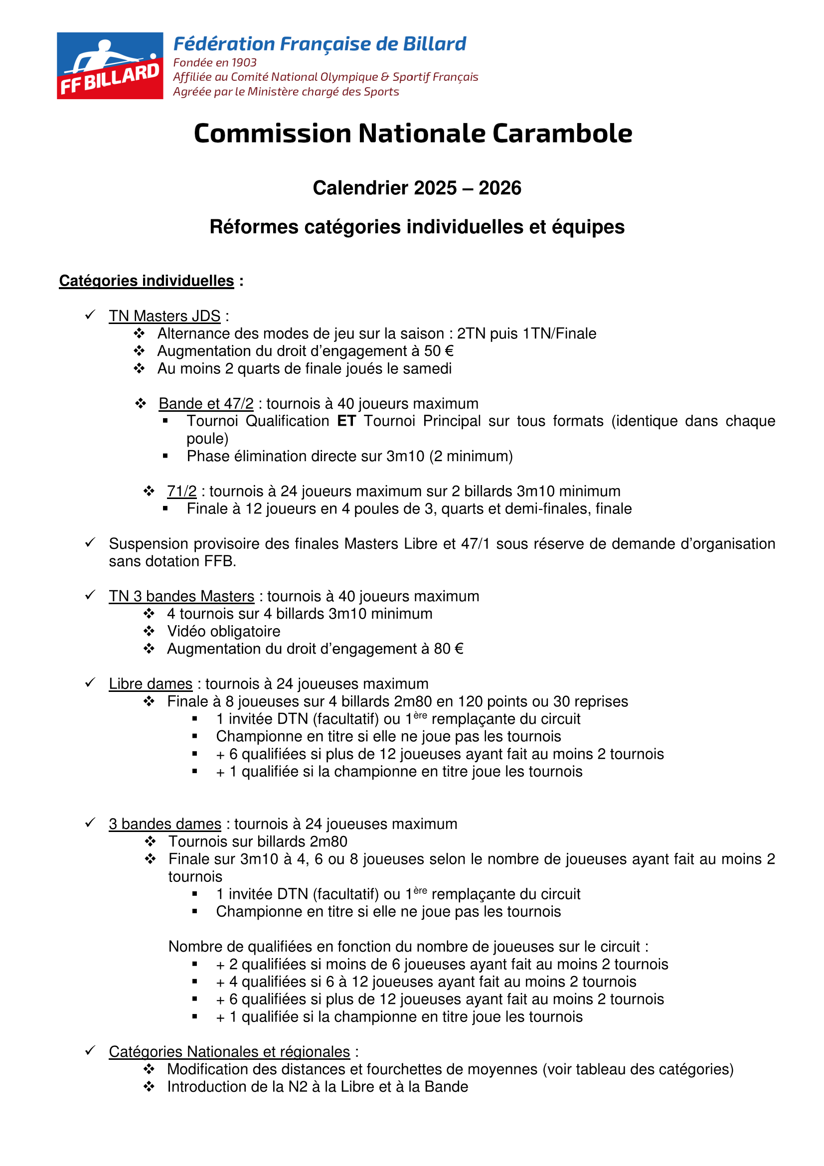 FFB Calendrier CNC 2025 2026 Réformes catégories individuelles et équipes Page 1