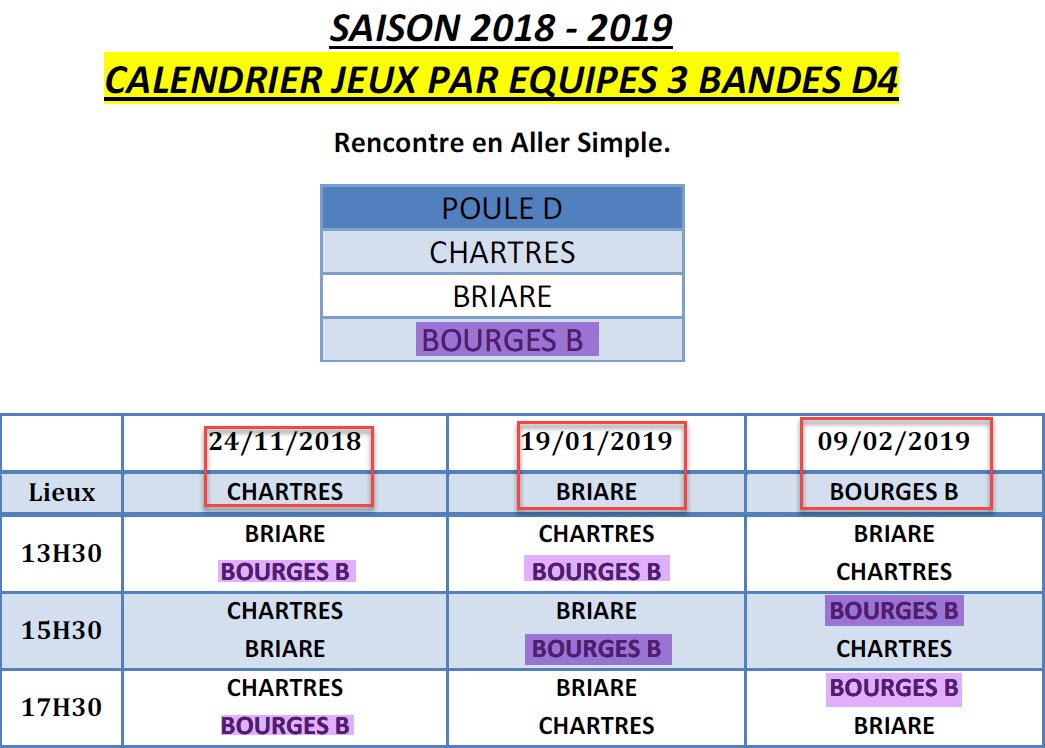 LBCVL 2018 2019 3 Bandes D4 Calendriers Poule A